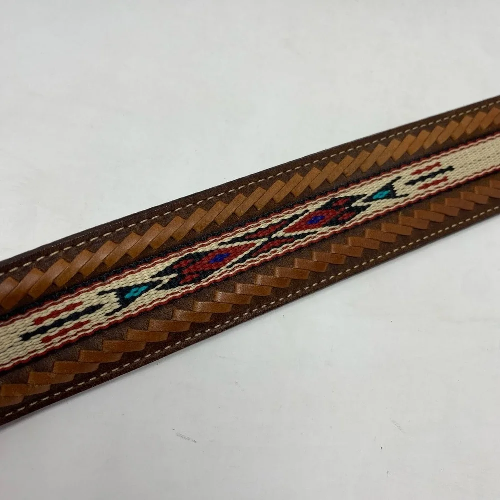 Vtg Silver Creek Belt Mens 46 Brown Leather Woven Native Embroidery Southwestern